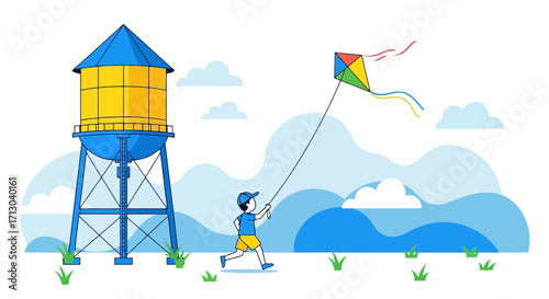 A cheerful scene featuring a child flying a kite near a water tower creating a nostalgic summery