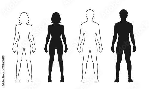 human body man and woman silhouette, male and female figure. vector monochrome isolated person outline standing full height. Outline and black people anatomy representation. Vector illustration
