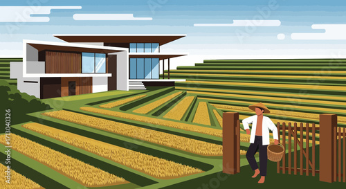 A harmonic blend of modern architecture and rural life modern house meets rice terraces vector