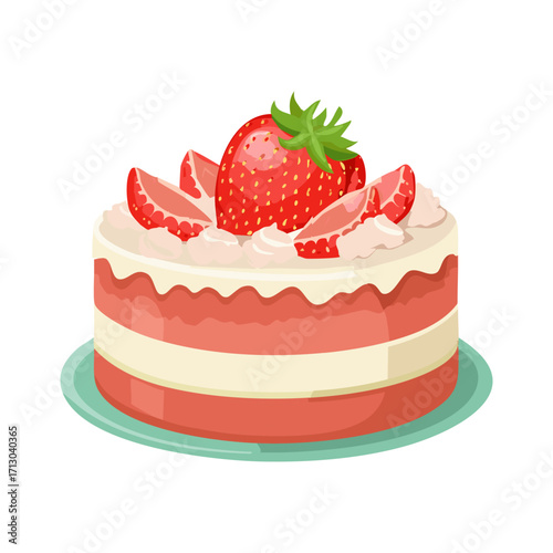 A beautifully layered strawberry cake topped with fresh strawberries and whipped cream on a plate. This vector illustration is perfect for bakery branding, dessert menus, or sweet-themed designs.