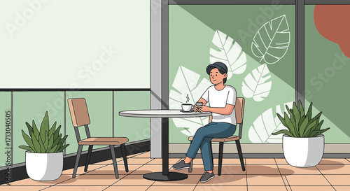 A relaxing moment: Man enjoys coffee at a cafe with botanical backdrop indoors
