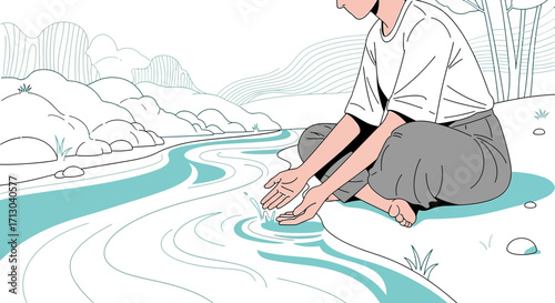 A serene moment illustration of a person by a river enjoying the tranquility of nature scene