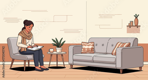 A woman writing in a notebook in a cozy room with a sofa and a small table creating an atmosphere