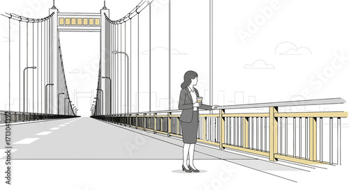 Businesswoman with coffee stands on a bridge contemplating urban opportunities