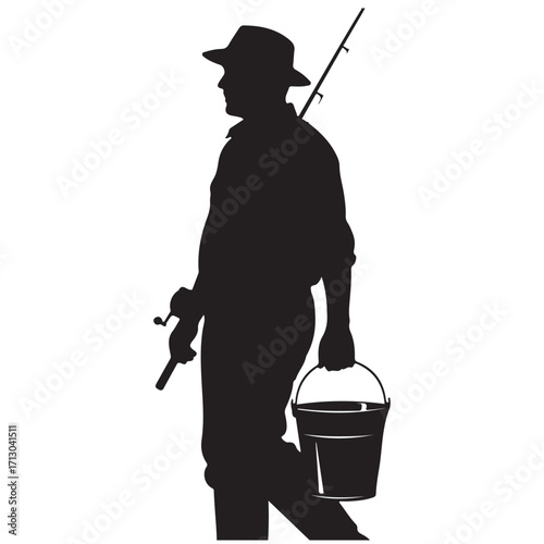 Silhouette of a Man Walking with Fishing Rod and Bucket