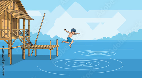 Cartoon illustration of a boy jumping into the sea from a wooden stilt house pier during summer