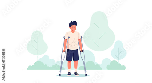 Cartoon illustration of a young man smiling and using crutches outdoors in a park-like setting