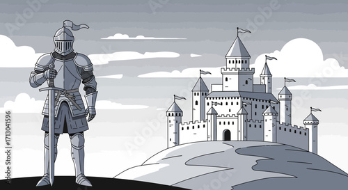 Cartoon illustration of a knight in armor standing guard before a medieval castle