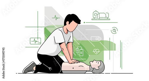 CPR Training Illustration: A person demonstrating chest compressions on a dummy in a medical setting