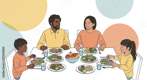 Diverse family enjoying healthy meal together at home in a bright and colorful illustration style