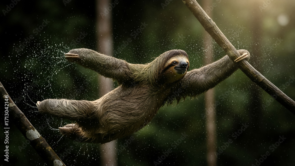Obraz premium Funny wet sloth swinging between branches in the rainforest. Playful wild animal splashing water in a dynamic action pose.