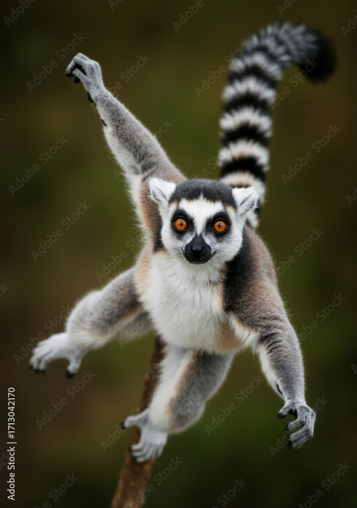 Obraz premium Lemur katta skaczący z wyciągniętymi ramionami. Zabawny naczelny z Madagaskaru w powietrzu na ciemnym tle.
