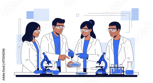 Diverse team of scientists conducting research in a modern laboratory setting meticulously