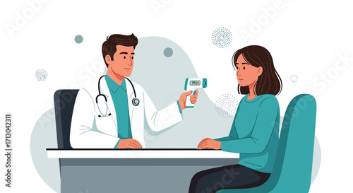 Doctor checking patient's temperature using infrared thermometer in medical office setting
