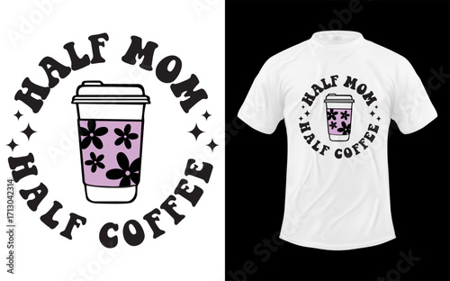 Playful illustration of a mom balancing her love for coffee with her maternal duties presented as a vibrant graphic design