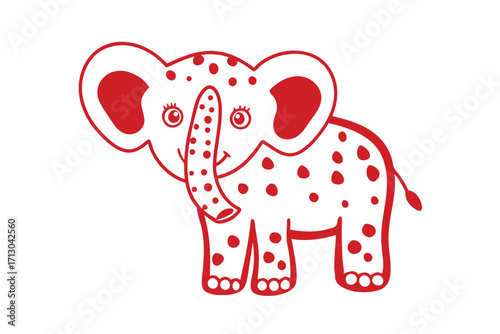 Cute red elephant outlined with polka dots stands cheerfully against a white backdrop
