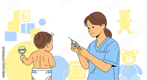 Doctor preparing to vaccinate a baby surrounded by toys in a playful setting