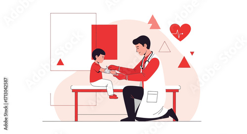Doctor wrapping bandage around a child's arm, healthcare, medical treatment illustration