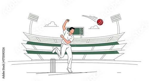 Dynamic cricket bowler delivering ball in stadium illustration showcasing sportsmanship and activity