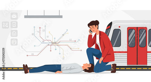 Emergency situation in the subway station with woman calling for help after a person collapses
