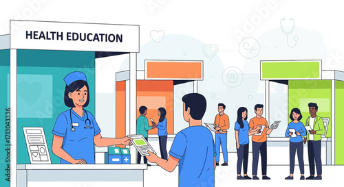 Engaging Health Education Fair Illustration with Diverse Community Participation and Expert Guidance