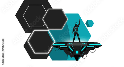 Futuristic illustration of a space explorer standing on a platform in a modern design