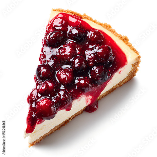 Cheesecake triangular slice with berry topping isolated