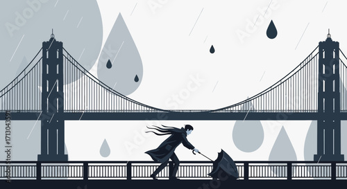 Gloomy day in the city: Man struggles with umbrella against the rain on a bridge