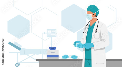 Healthcare professional preparing for patient care in a modern hospital setting illustration