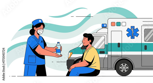 Healthcare worker offers water to patient in front of ambulance illustration