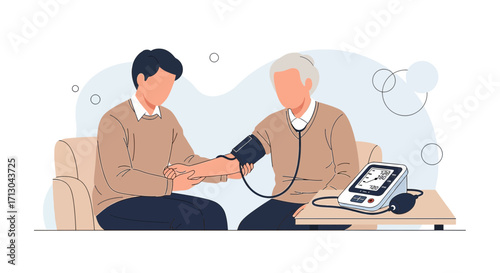 Healthcare professional taking blood pressure of senior patient in comfortable setting illustration