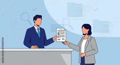 Healthcare worker providing vaccination certificate to patient at a reception desk post