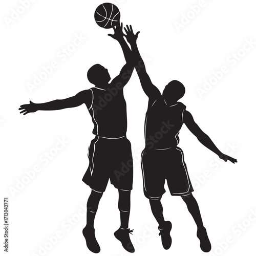 Two Basketball Player Silhouettes Jumping for Ball