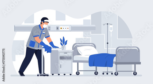 Hospital cleaning staff disinfecting the hospital room, ensuring hygiene and safety for patients
