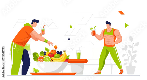 Healthy lifestyle concept with muscular men consuming fruit juice for vitality and wellness