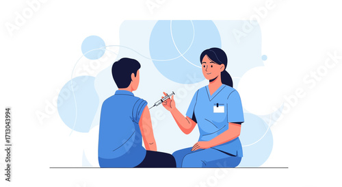 Illustration depicting a nurse administering a vaccine to a patient in a clinical setting