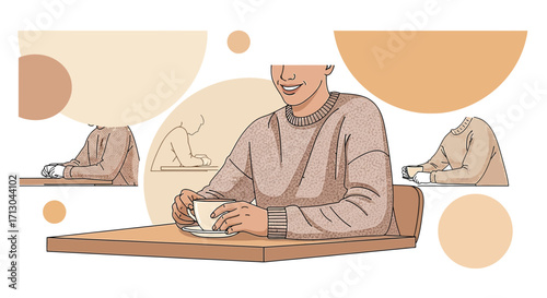Illustration depicting a person enjoying coffee in a minimalist abstract setting coffee time