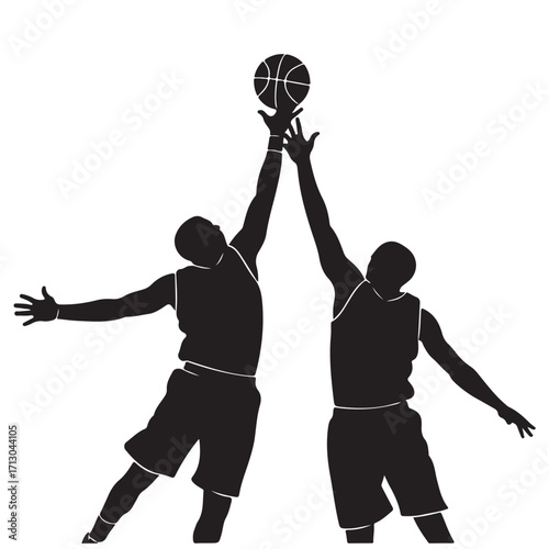 Dynamic Basketball Players Competing for Basketball Silhouette