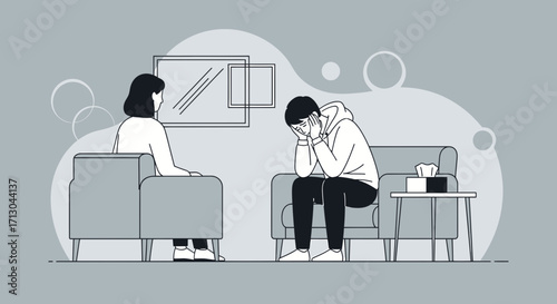 Illustration depicting a therapy session with a patient expressing emotional distress with a