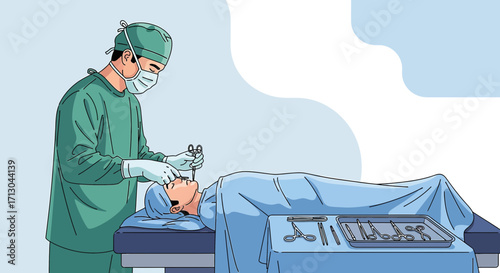 Illustration depicting a surgeon performing an operation with tools on a patient in a hospital