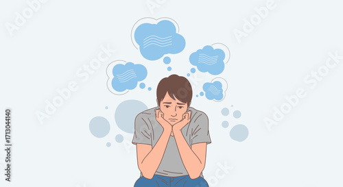 Illustration depicting a thoughtful or depressed young man surrounded by thought clouds