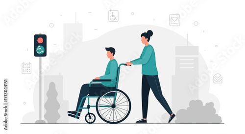 Illustration depicting a woman assisting a man in a wheelchair with accessible city crossing