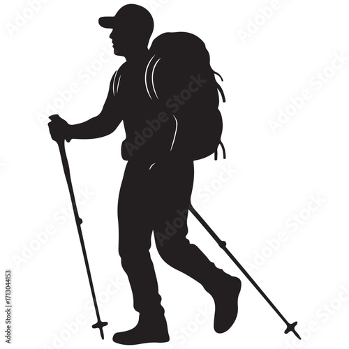 Silhouette of a Hiker with a Backpack and Trekking Poles