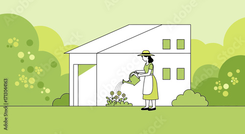 Illustration depicting a woman watering flowers in her garden near a house on a sunny day