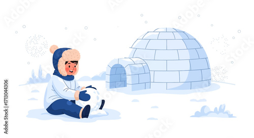Illustration of a cheerful boy in winter clothing making a snowman near an igloo