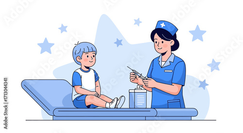 Illustration of a cheerful young boy receiving a vaccine from a friendly nurse in a clinical setting