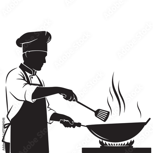 Chef Silhouette Cooking with Wok and Spatula Illustration