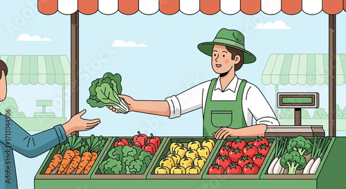 Illustration of a farmer selling fresh produce at a local farmers market stall selling vegetables