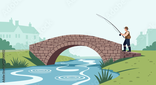 Illustration of a fisherman on a stone bridge enjoying a relaxing day of fishing in nature