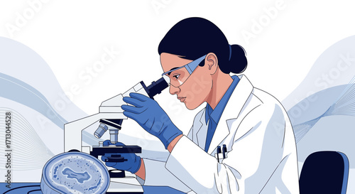 Illustration of a female scientist using a microscope in a laboratory setting meticulously